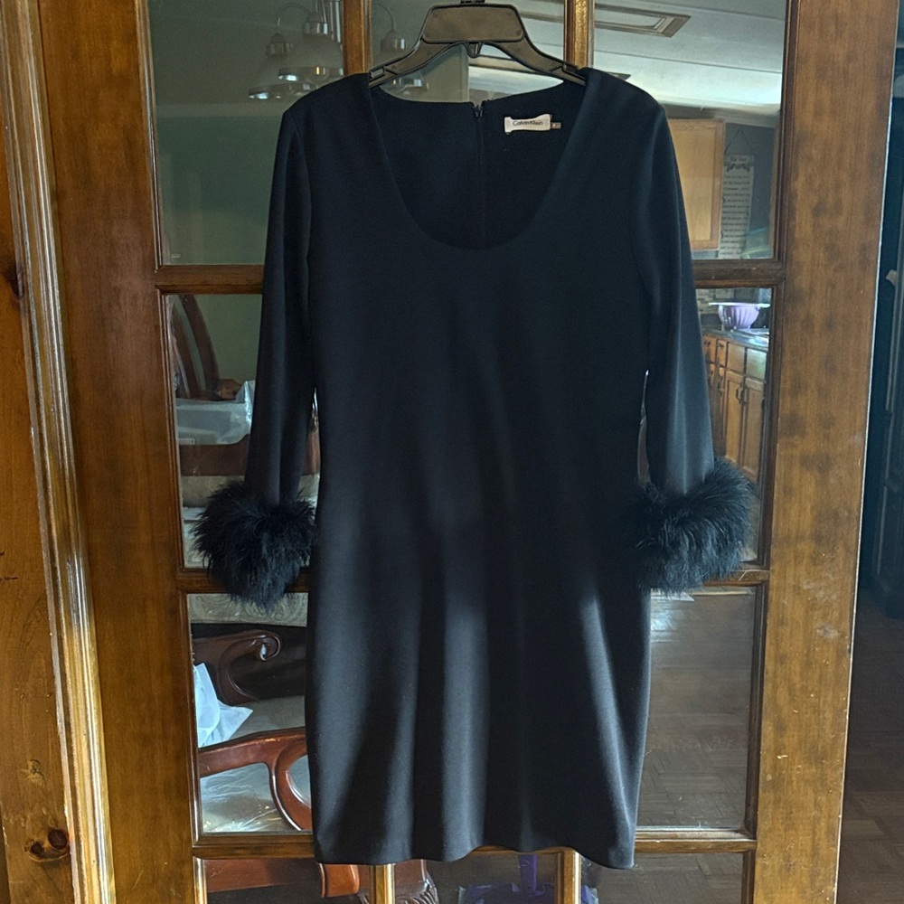 Calvin Klein Black Dress with Feather Cuffs